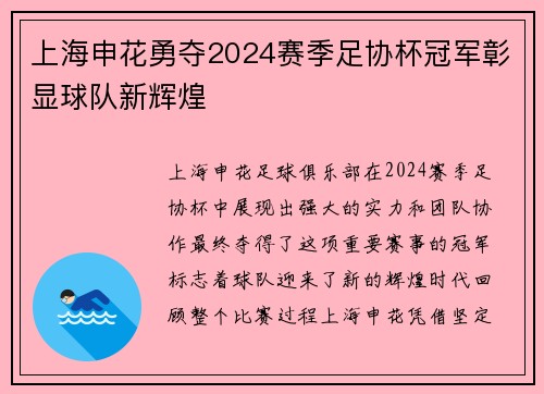 上海申花勇夺2024赛季足协杯冠军彰显球队新辉煌